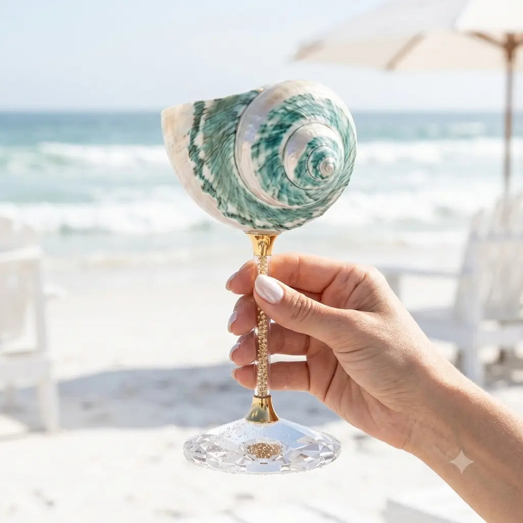 Green Galaxy shell wine glass held beside the sea