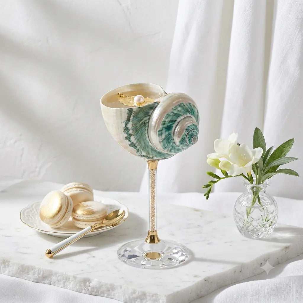 Green shell goblet styled with shell cutlery and white flowers