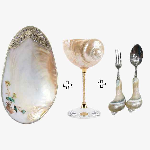 Four-piece shell tableware set with oval plate, white goblet, spoon and fork