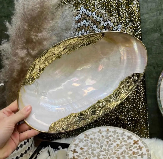 Natural Shell Storage Tray with Handcrafted Gold/Silver Edge Binding