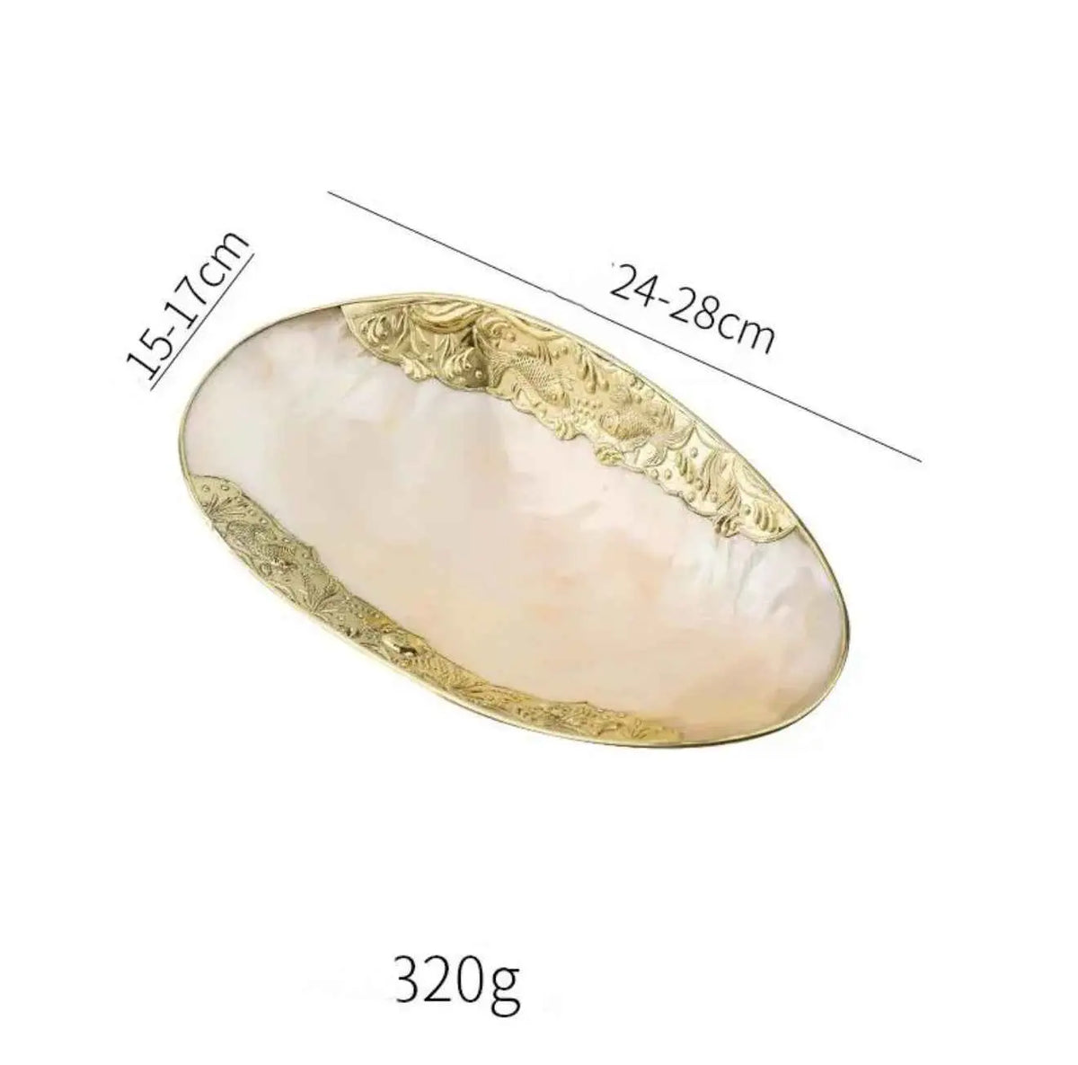 Oval shell tray size reference showing 24–28 cm length and 15–17 cm width