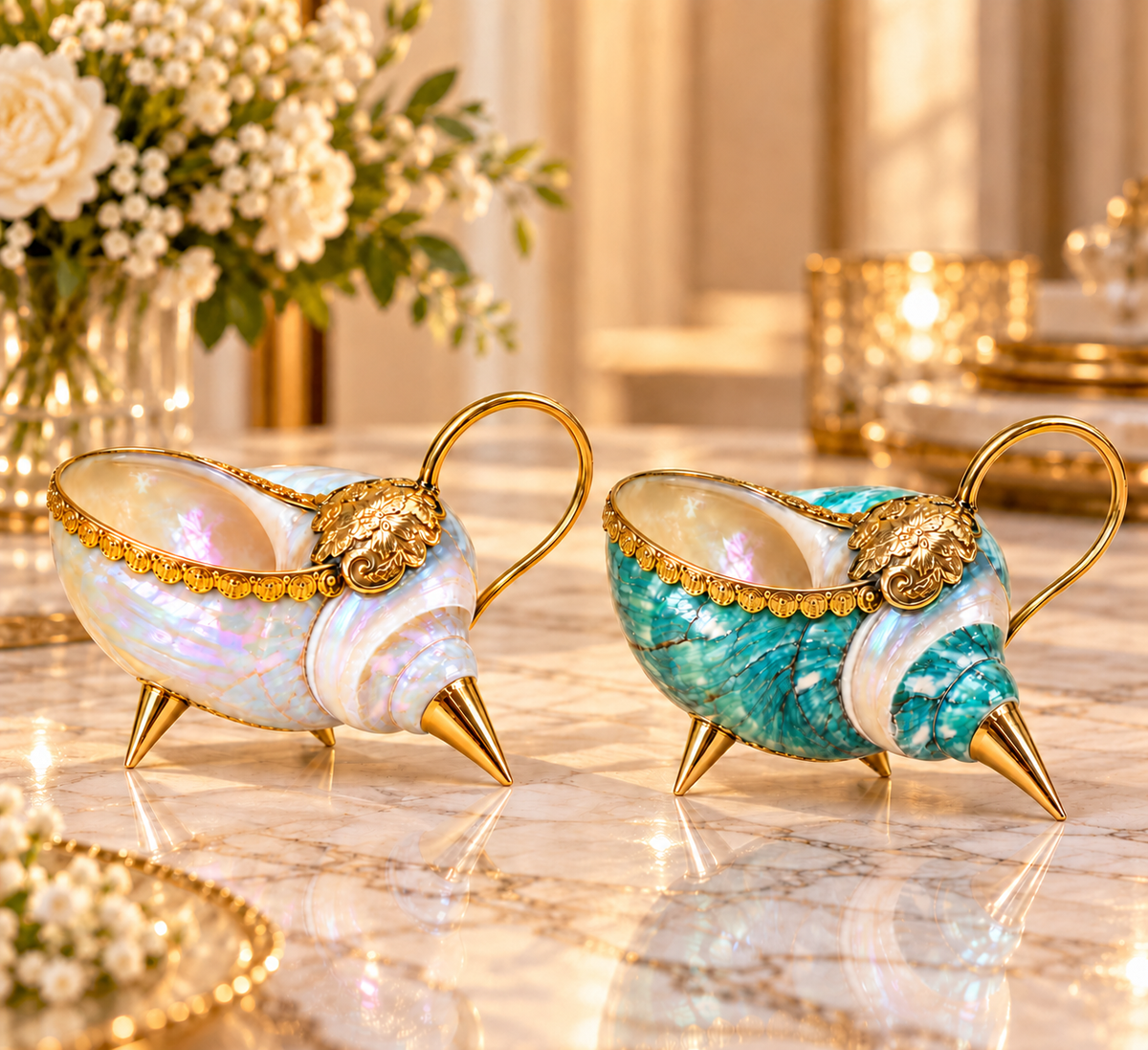Pearl White and Ocean Green natural conch shell cups with gold-tone accents on an elegant marble table