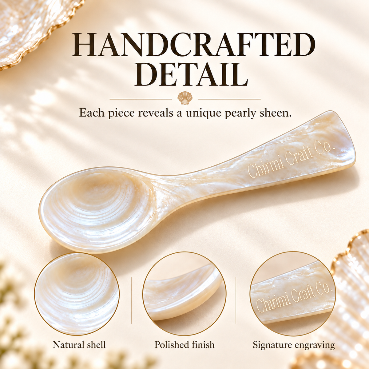 Close-up of polished pearlescent shell caviar spoon with Chirimi Craft Co. engraving