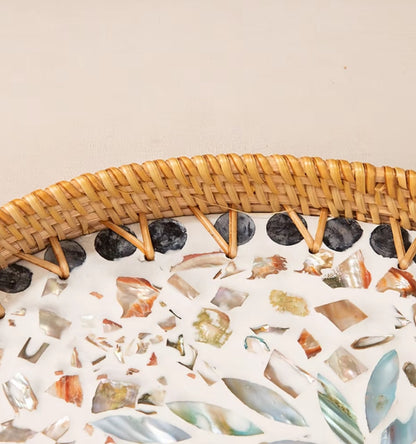 Buy 1 Get 1 Free – Handmade Rattan Shell Mosaic Tray, Natural Woven Oval Serving Tray with Mother of Pearl Inlay for Home Decor & Storage