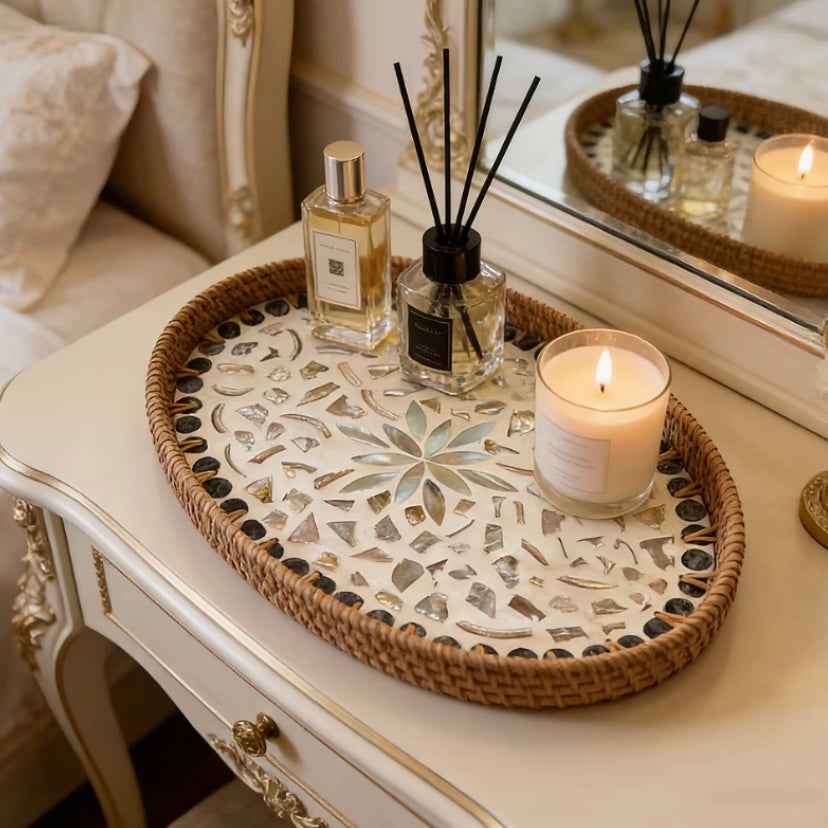 Buy 1 Get 1 Free – Handmade Rattan Shell Mosaic Tray, Natural Woven Oval Serving Tray with Mother of Pearl Inlay for Home Decor & Storage