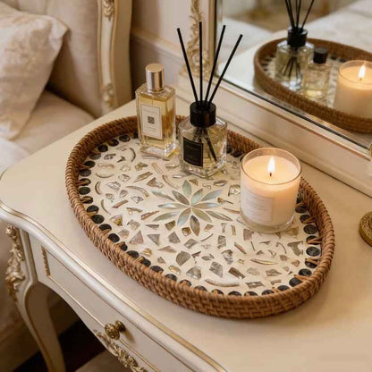 Buy 1 Get 1 Free – Handmade Rattan Shell Mosaic Tray, Natural Woven Oval Serving Tray with Mother of Pearl Inlay for Home Decor & Storage
