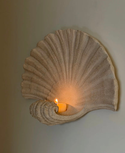Natural Sandstone Shell Candle Holder Wall Sconce – Handcrafted Seashell Sculpture Art Decor, Coastal Boho Wall Hanging Candle Lamp for Home Interior
