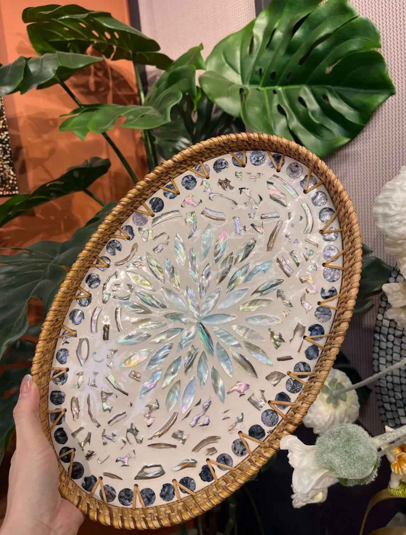 Buy 1 Get 1 Free – Handmade Rattan Shell Mosaic Tray, Natural Woven Oval Serving Tray with Mother of Pearl Inlay for Home Decor & Storage