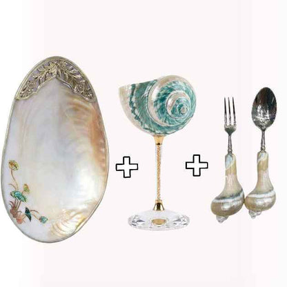 Handcrafted Shell 4-Piece Single Dining Set – 1x Iridescent Shell Plate, 1x Elegant Cup, 1x Natural Mother-of-Pearl Spoon & Fork Pair – Luxury One-Person Ocean Tableware Set