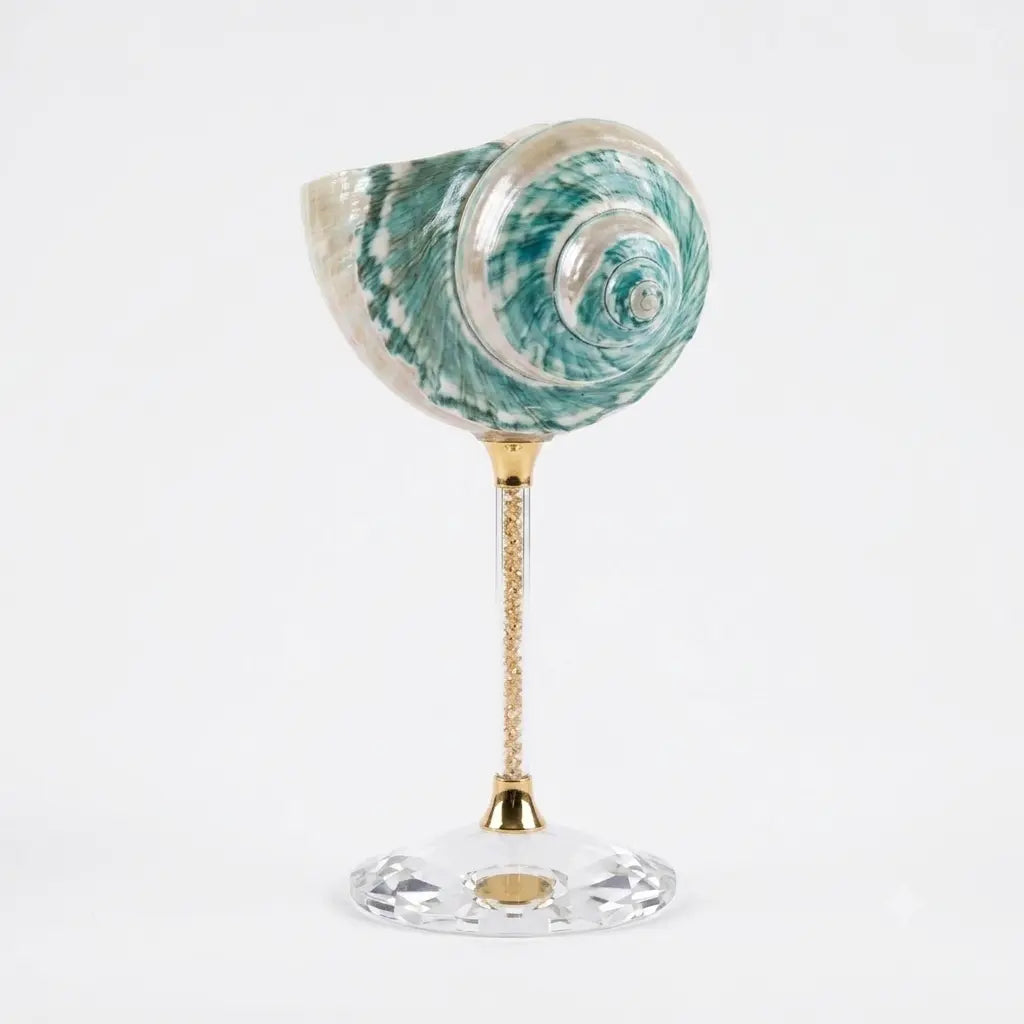 Green Galaxy conch shell goblet with gold-tone stem and clear base