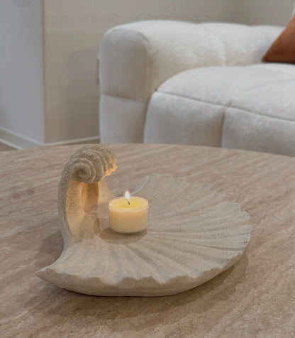 Natural Sandstone Shell Candle Holder Wall Sconce – Handcrafted Seashell Sculpture Art Decor, Coastal Boho Wall Hanging Candle Lamp for Home Interior