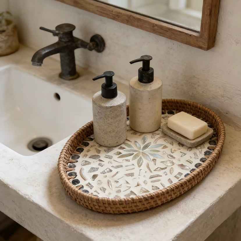 Buy 1 Get 1 Free – Handmade Rattan Shell Mosaic Tray, Natural Woven Oval Serving Tray with Mother of Pearl Inlay for Home Decor & Storage