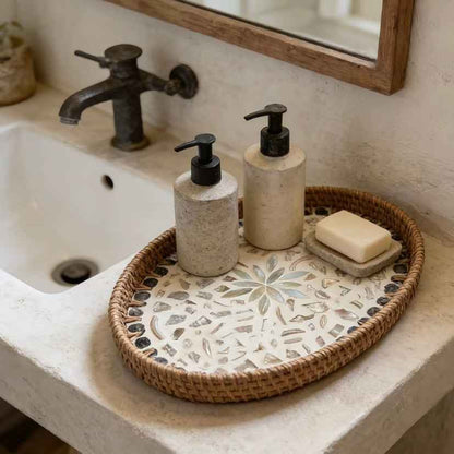 Buy 1 Get 1 Free – Handmade Rattan Shell Mosaic Tray, Natural Woven Oval Serving Tray with Mother of Pearl Inlay for Home Decor & Storage