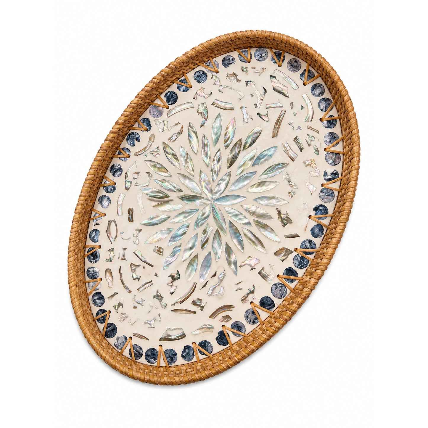 Buy 1 Get 1 Free – Handmade Rattan Shell Mosaic Tray, Natural Woven Oval Serving Tray with Mother of Pearl Inlay for Home Decor & Storage