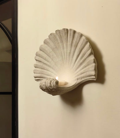 Natural Sandstone Shell Candle Holder Wall Sconce – Handcrafted Seashell Sculpture Art Decor, Coastal Boho Wall Hanging Candle Lamp for Home Interior