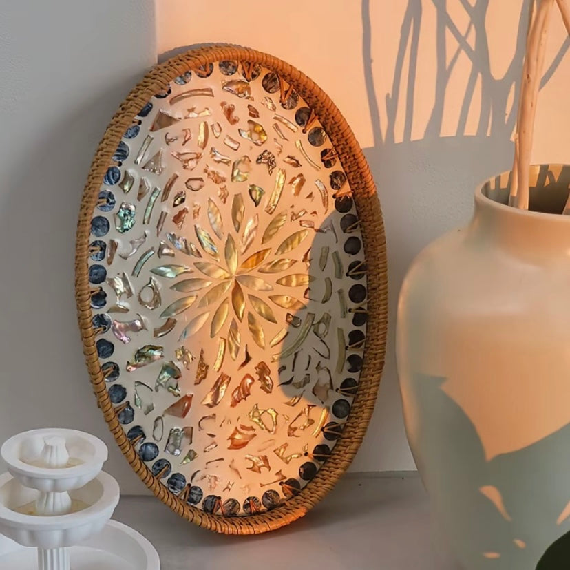 Buy 1 Get 1 Free – Handmade Rattan Shell Mosaic Tray, Natural Woven Oval Serving Tray with Mother of Pearl Inlay for Home Decor & Storage