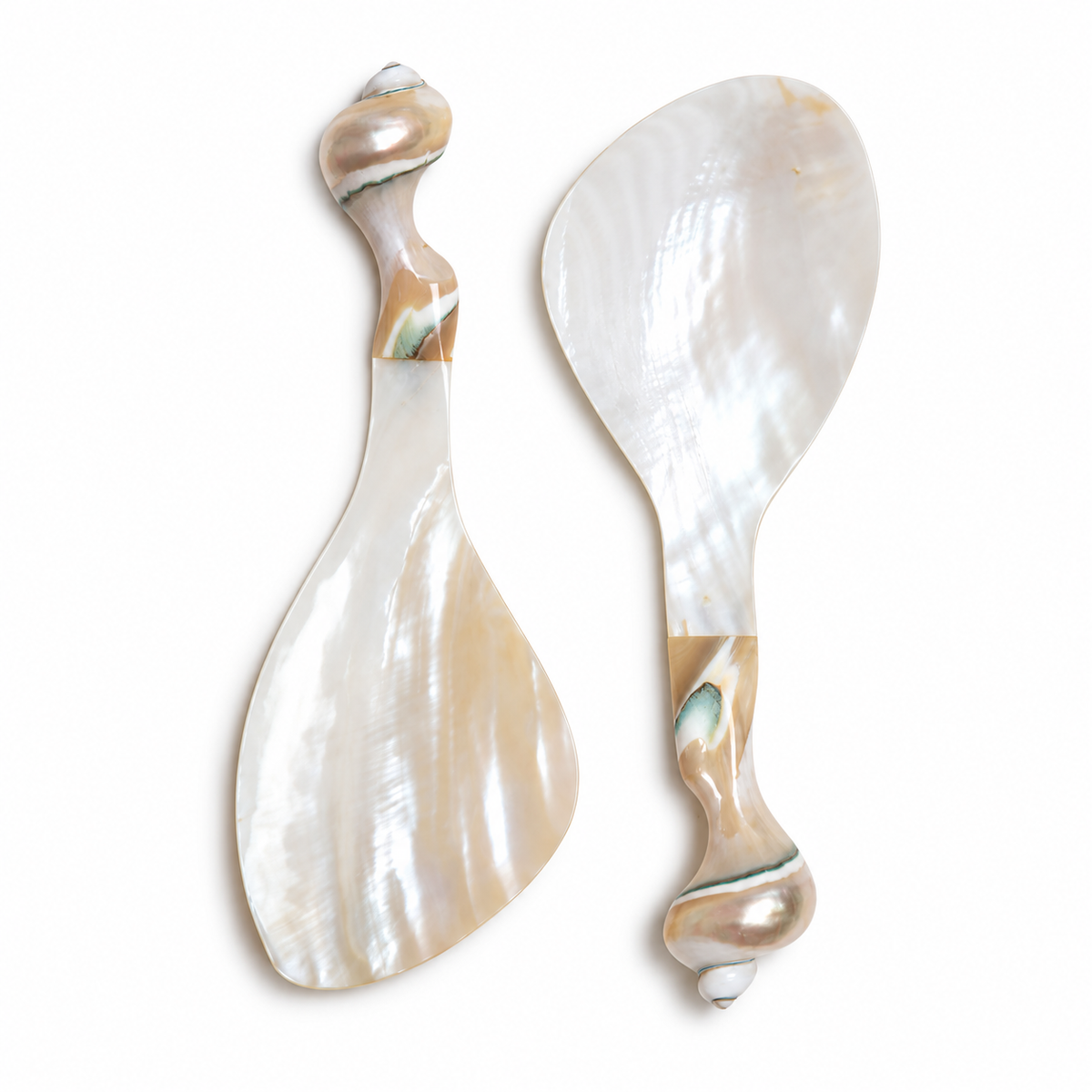 Handmade natural mother of pearl rice serving spoon with iridescent shell handle, product view