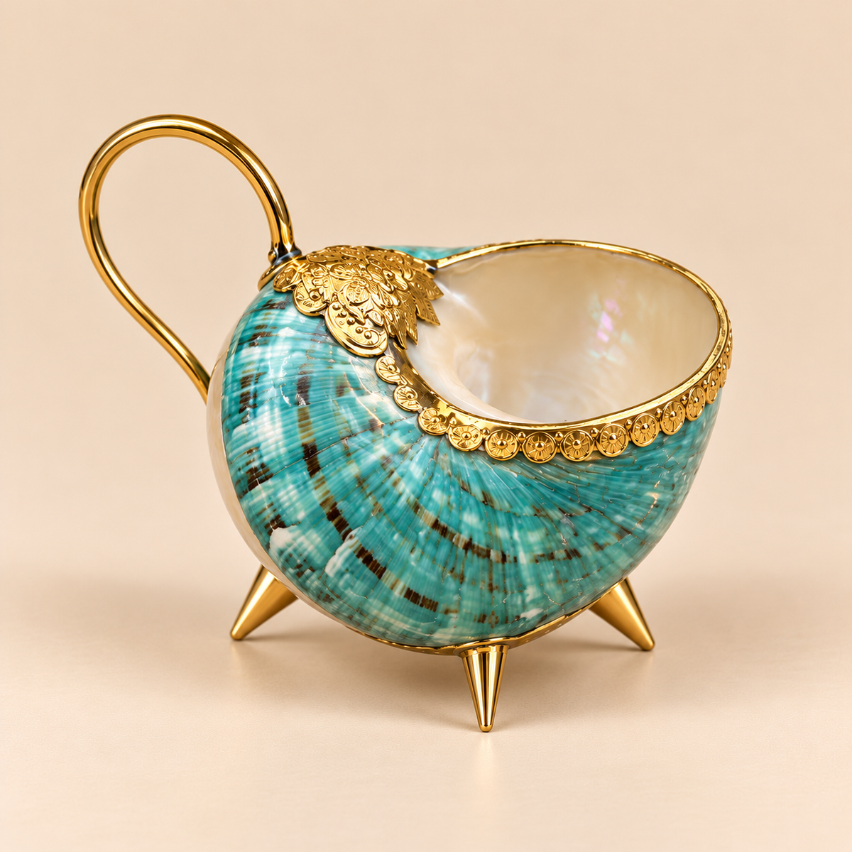 Handcrafted conch shell cup showcasing its natural iridescent shell texture and decorative gold-tone details