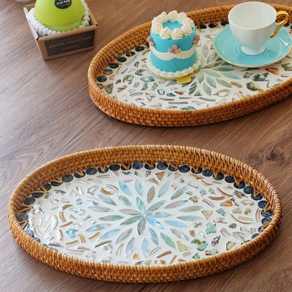 Buy 1 Get 1 Free – Handmade Rattan Shell Mosaic Tray, Natural Woven Oval Serving Tray with Mother of Pearl Inlay for Home Decor & Storage
