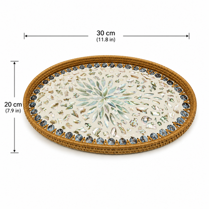 Buy 1 Get 1 Free – Handmade Rattan Shell Mosaic Tray, Natural Woven Oval Serving Tray with Mother of Pearl Inlay for Home Decor & Storage