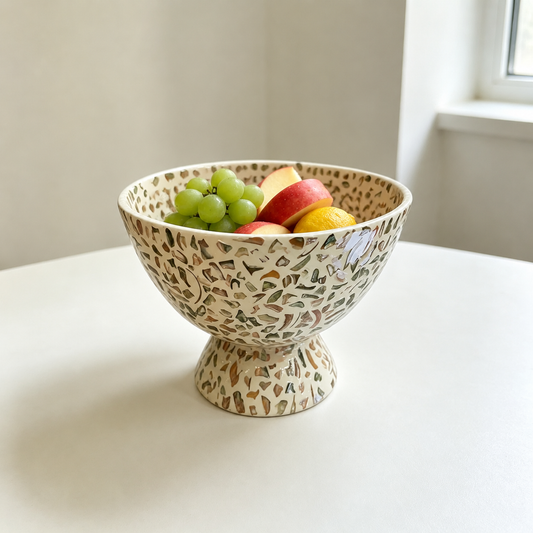 Handcrafted Shell Mosaic Pedestal Fruit Bowl – Iridescent Seashell Inlay Serving Tray, Luxury Decorative Centerpiece for Home & Dining Table