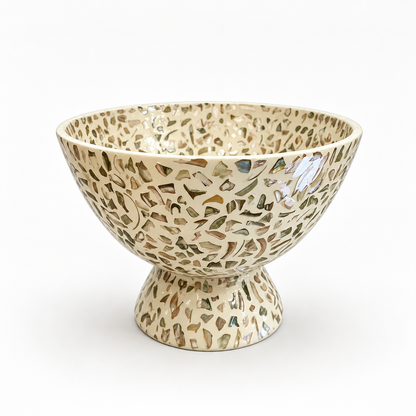 Handcrafted Shell Mosaic Pedestal Fruit Bowl – Iridescent Seashell Inlay Serving Tray, Luxury Decorative Centerpiece for Home & Dining Table