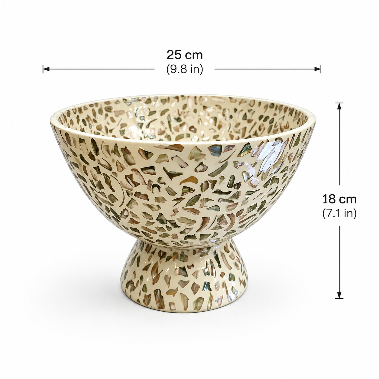 Handcrafted Shell Mosaic Pedestal Fruit Bowl – Iridescent Seashell Inlay Serving Tray, Luxury Decorative Centerpiece for Home & Dining Table