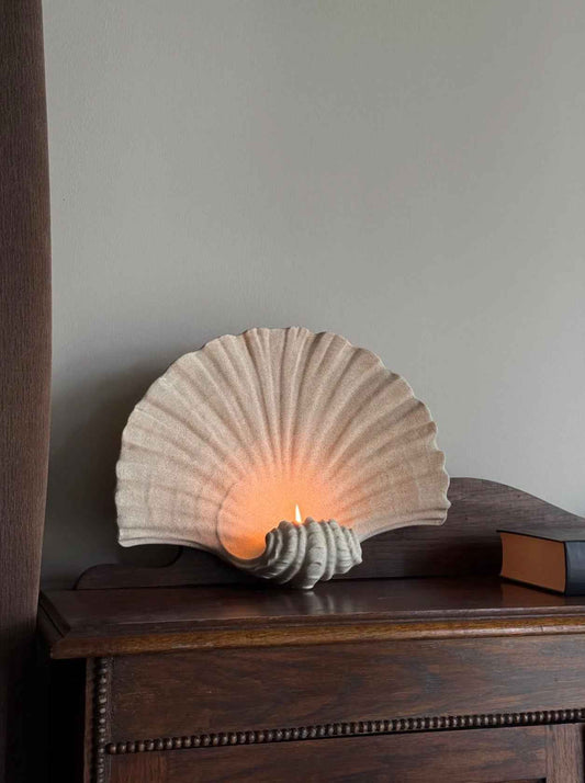 Natural Sandstone Shell Candle Holder Wall Sconce – Handcrafted Seashell Sculpture Art Decor, Coastal Boho Wall Hanging Candle Lamp for Home Interior