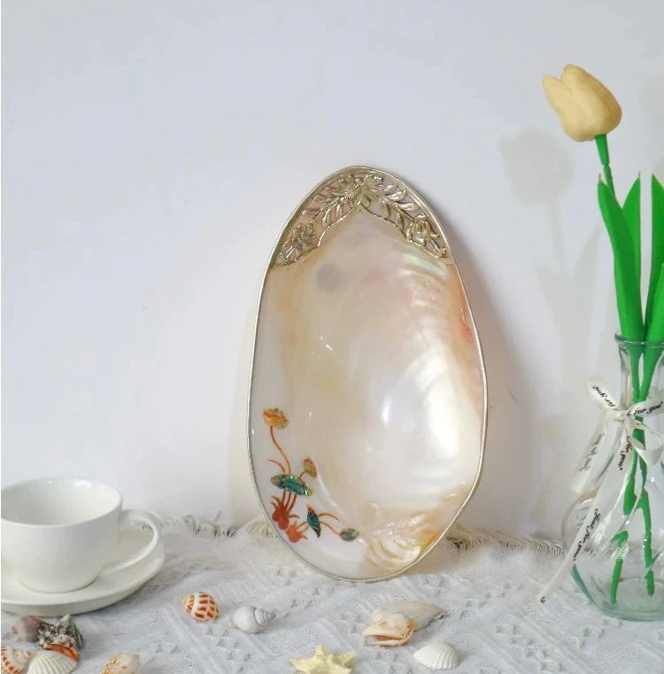 Peach Silver Copper Trim Symbol of Immortality and Wealth Dish Seashell Dish  Natural Large Deep-Sea shell Plate  & Carvings Shell