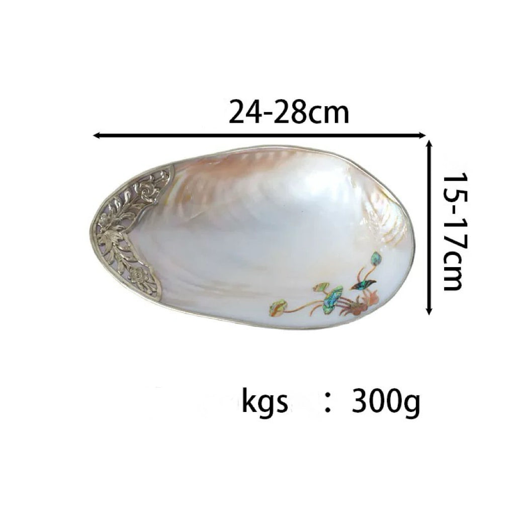 Peach Silver Copper Trim Symbol of Immortality and Wealth Dish Seashell Dish  Natural Large Deep-Sea shell Plate  & Carvings Shell
