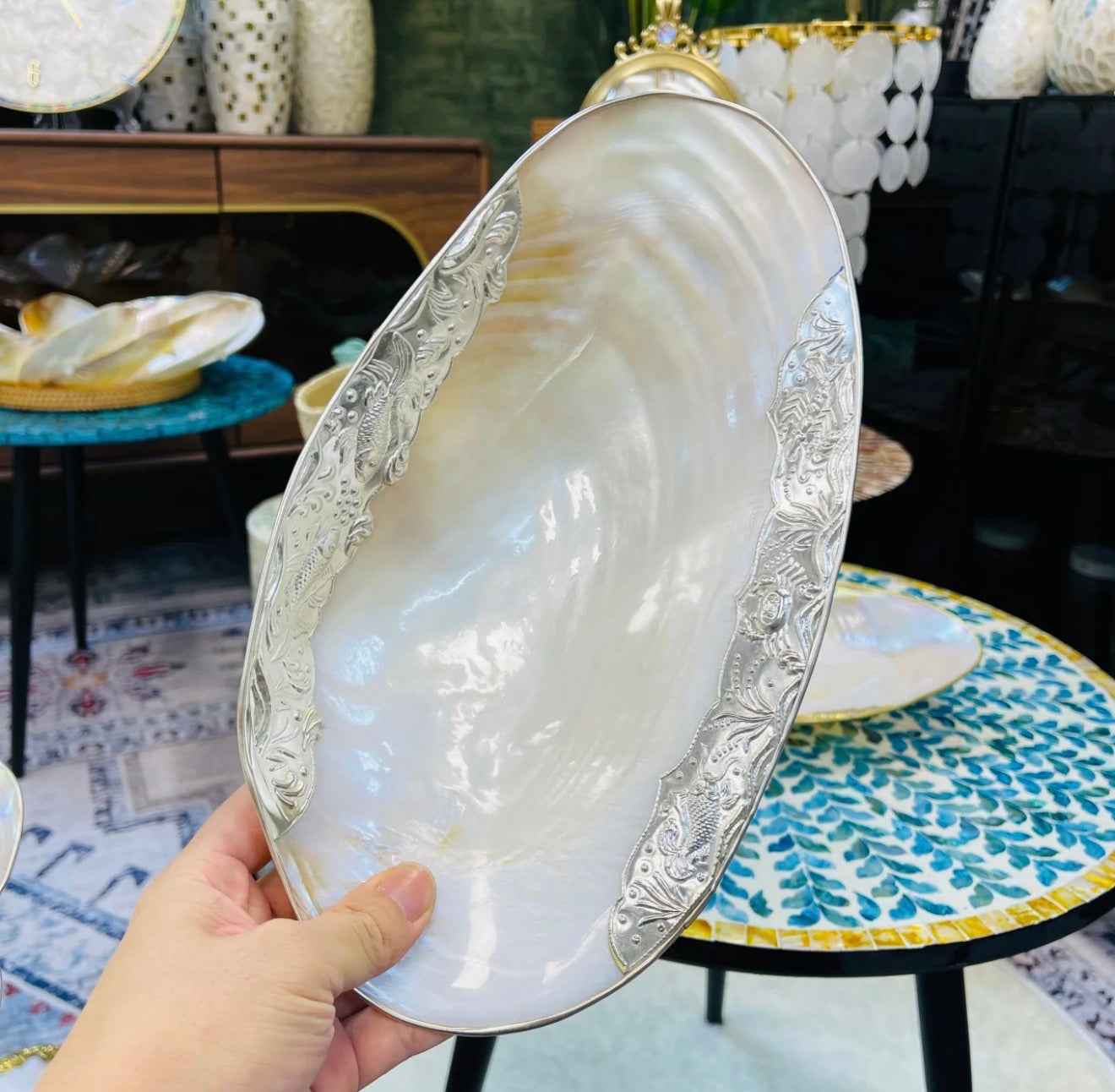 Natural Shell Storage Tray with Handcrafted Gold/Silver Edge Binding