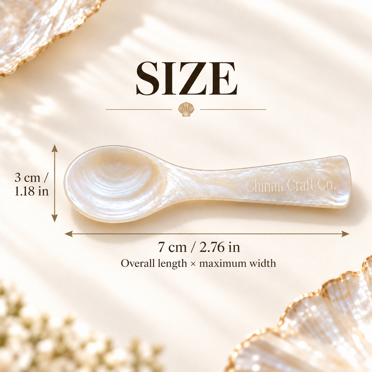 Natural shell caviar spoon dimensions 7 cm length and 3 cm maximum width