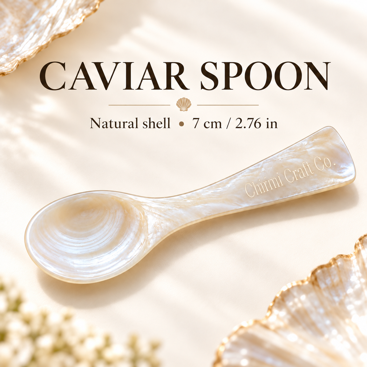 Handcrafted natural mother of pearl caviar spoon with Chirimi Craft Co. engraved handle, 7 cm