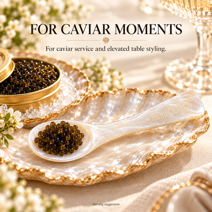 Natural mother of pearl caviar spoon serving caviar on an elegant shell tray